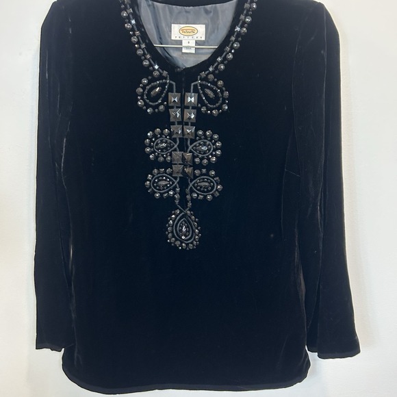 VTG Talbots Petite Black Velvet Beaded Top Embroidered Jeweled Blouse 8P Whimsy - Picture 3 of 11